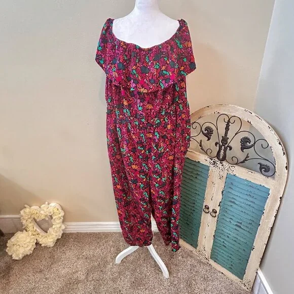 3X Women Floral Off the Shoulder Jumpsuit Romper Baggy Fit - Picture 4 of 9